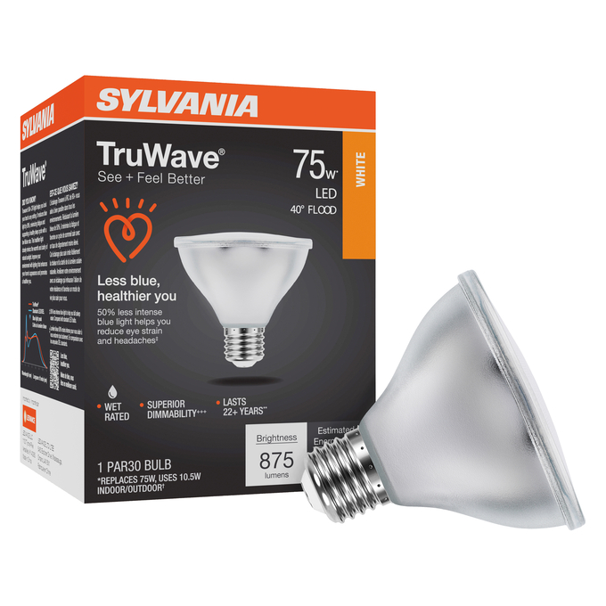LED TruWave®  PAR Lamps PAR30 10.5W DIM 3000K FL 40 1PK Combo Shot = Product Beauty Shot + Packaging Image