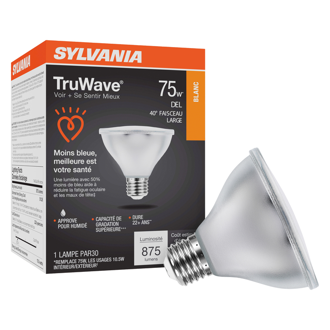 LED TruWave®  PAR Lamps PAR30 10.5W DIM 3000K FL 40 1PK Combo Shot = Product Beauty Shot + Packaging Image