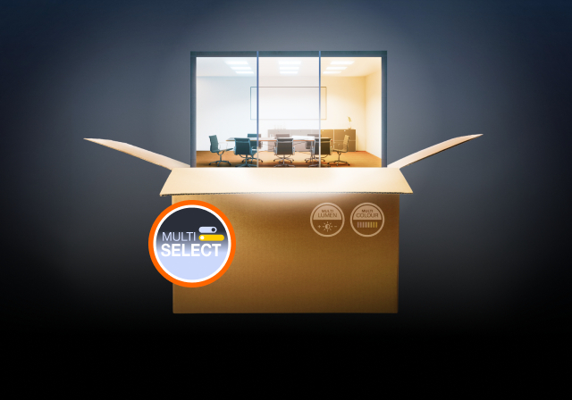 Die ultra-langlebigen LED-Leuchten der LEDVANCE MULTI SELECT-Familie ermöglichen eine einfache manuelle Einstellung von Lichtstrom (lm) und/oder Lichtfarbe am Treiber oder an der Leuchte. 