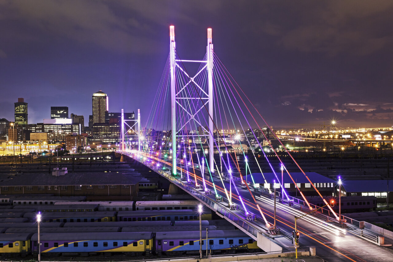 The Nelson Mandela Bridge is an iconic landmark of Johannesburg. The Nelson Mandela Bridge is an iconic landmark of Johannesburg.