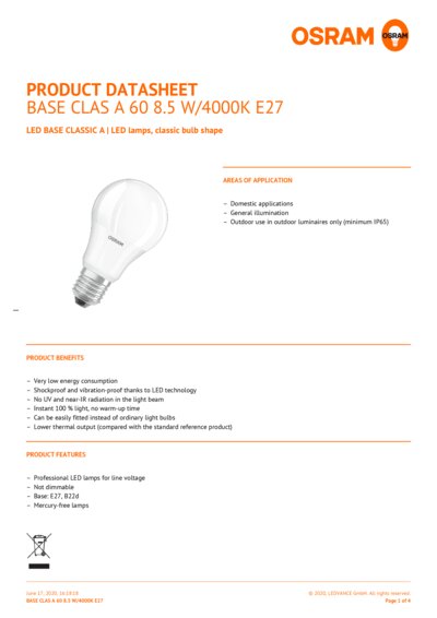 CLA LEDBULB D 5.5-40W A60 E27 827 CL Beam Angle 360° CCT 2700K Dimmable Dimmable Energy Rating A Eq 