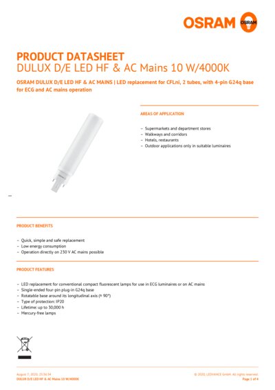 Led Replacement For Cflni 2 Tubes With 4 Pin G24q Base For Ecg And Ac Mains Operation Ledvance