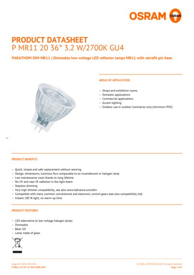 Osram PARATHOM MR11 20 36° 3.2 W//2700K GU4
