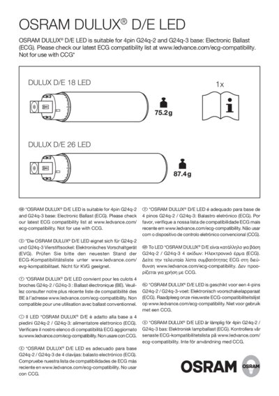 Led Replacement For Cflni 2 Tubes With 4 Pin G24q Base For Ecg And Ac Mains Operation Ledvance